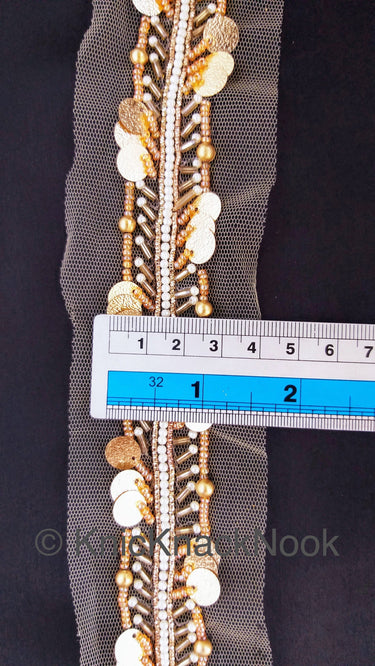 Beige Net Fabric Trim With Gold, White And Silver Beads, Gold Sequins Embellishments